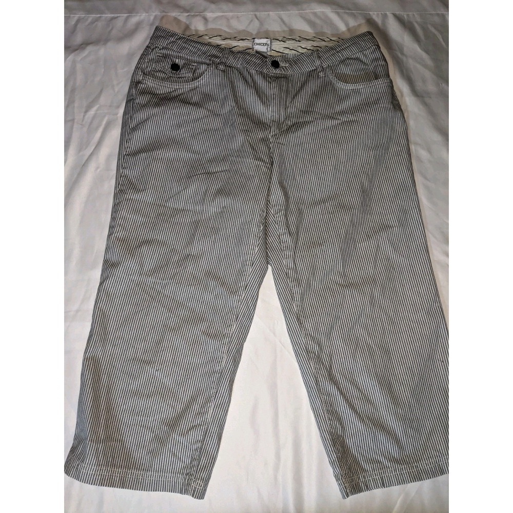 Chicos Pinstripe Crop Pants Size 2 Pockets Large Cotton Blend Chicos Pinstripe